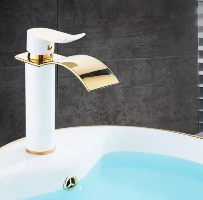 Decorbites™ Grifo de Lavabo en Cascada Dorado y Blanco para Baño Mezclador de Agua Caliente y Fría