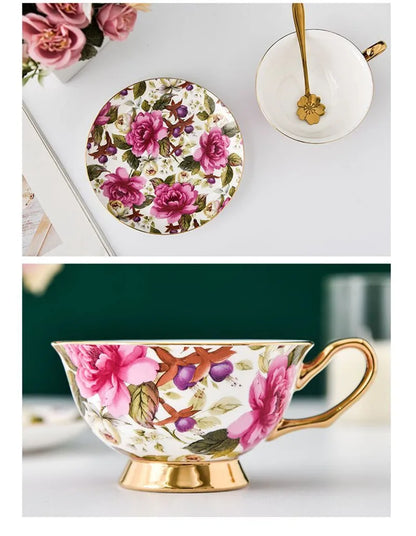 Juego de taza de té DecorBites™ de porcelana fina con platillo y cuchara - Elegante vajilla para fiestas de té negro