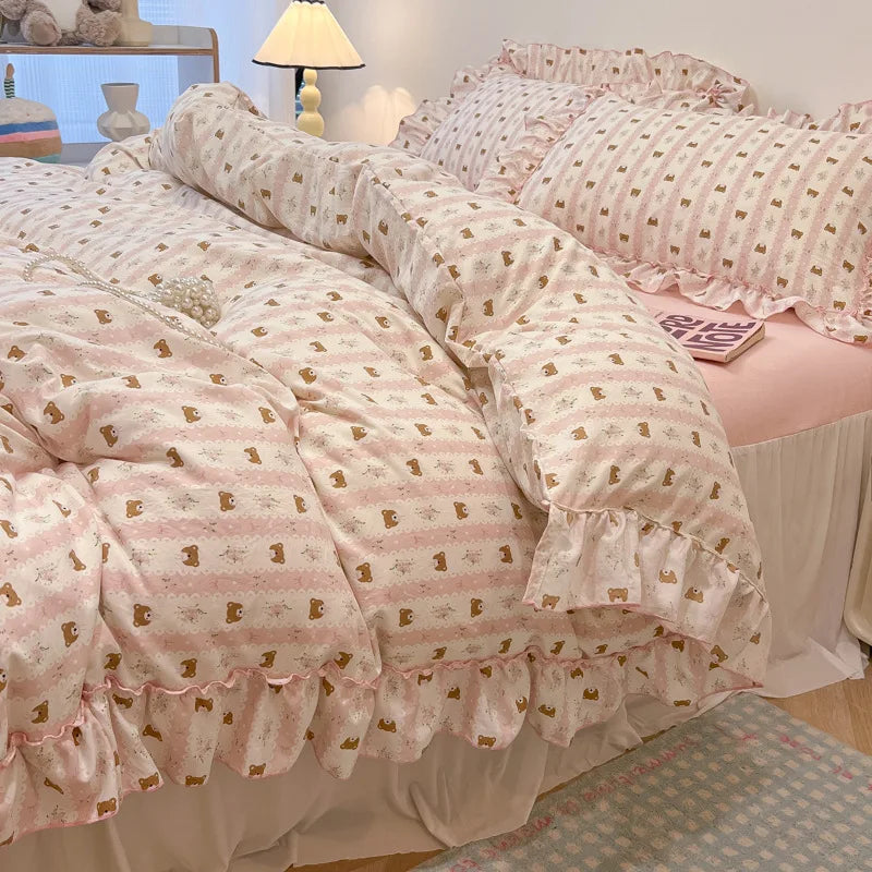 DecorBites™ Korean Princess Floral Print Bedding Set in Washed Cotton for Girls