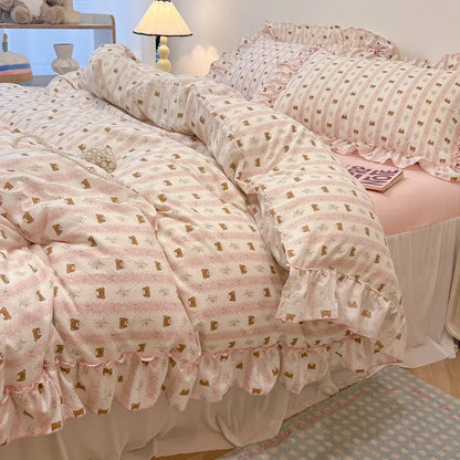 DecorBites™ Korean Princess Floral Print Bedding Set in Washed Cotton for Girls
