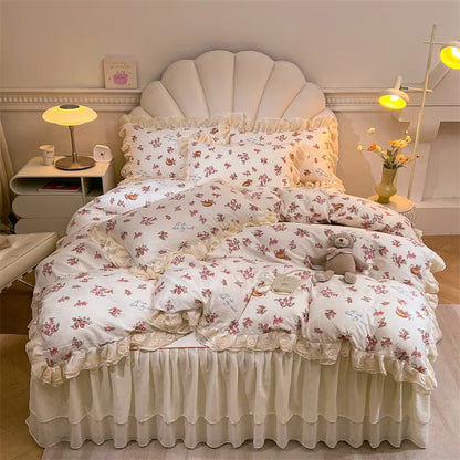 Decobites Princess Lace Ruffles Floral Bedding Set with Duvet Cover and Bed Skirt