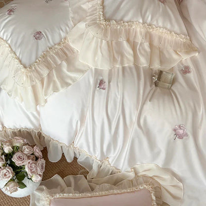 Decobites Vintage Rose Embroidery Lace Princess Wedding Bedding Set