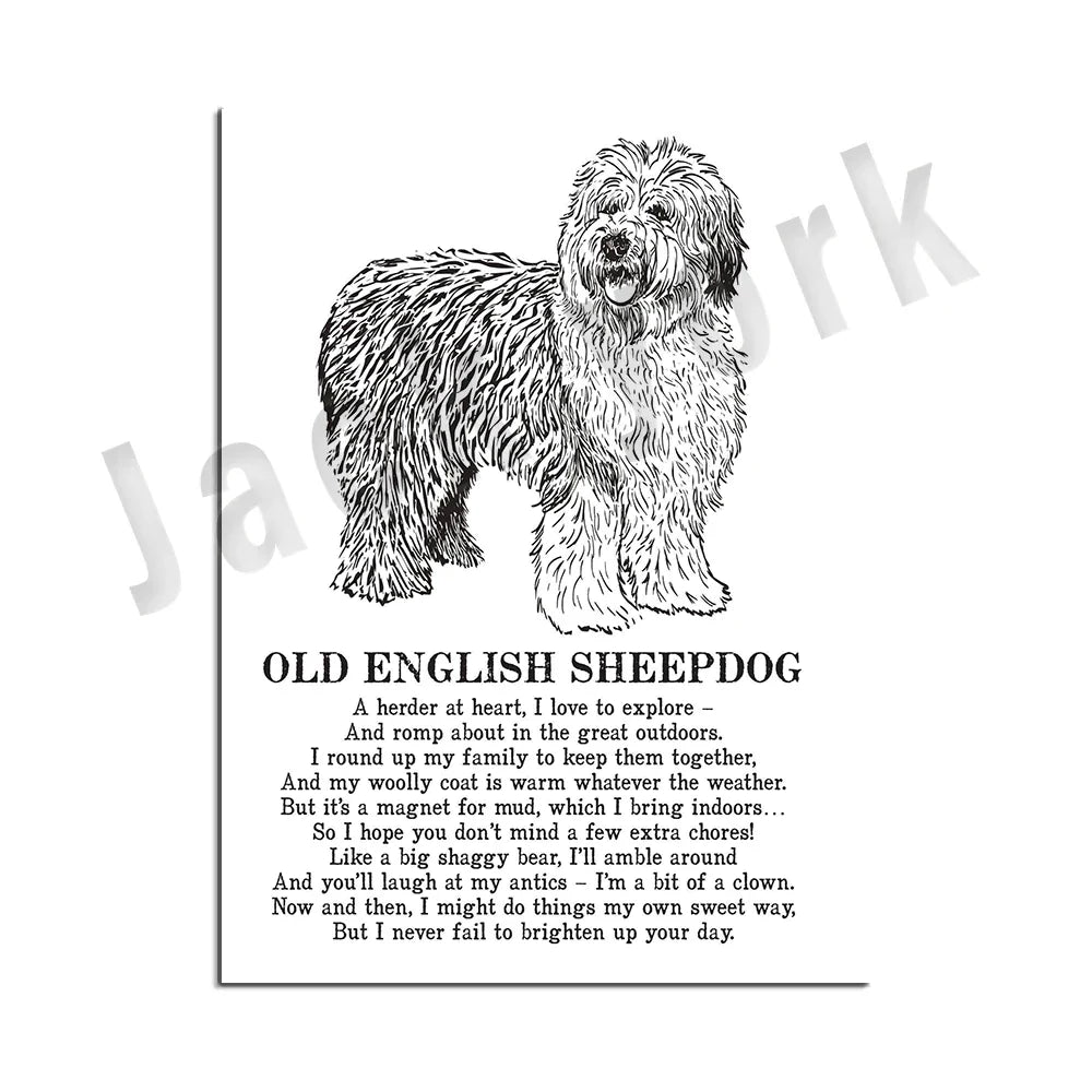 DecorBites™ Cozy Canine Collection: Dog Poetry Poster featuring Lhasa, Sheepdog, Terrier, Bulldog, Tibetan, Yorkie