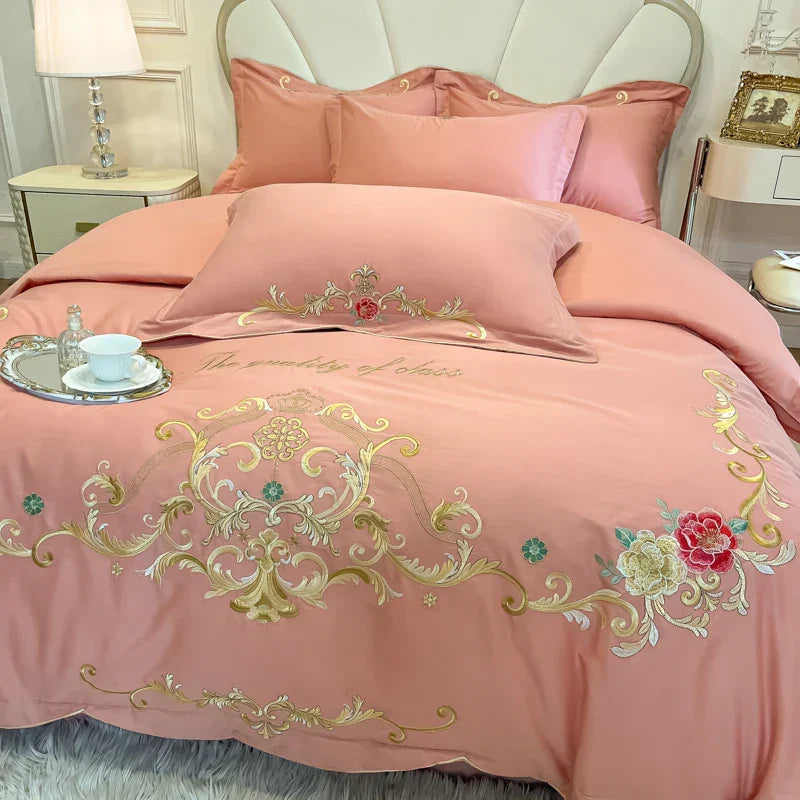 Decobites Floral Embroidery Luxury Bed Set - Queen/King Duvet Cover, Sheet, Pillowcases