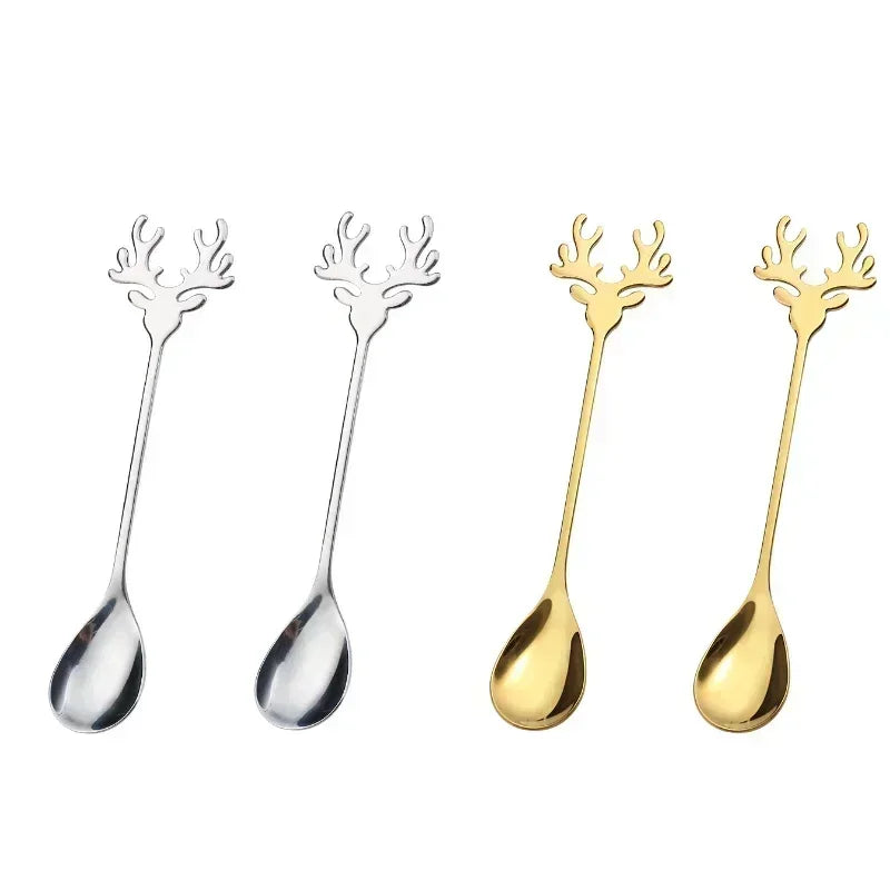 4pcs Christmas Elk Head Shape Stainless Coffee Spoon New Year 2024 Christmas Decoration Table Decor for Home Navidad 2023 Gifts