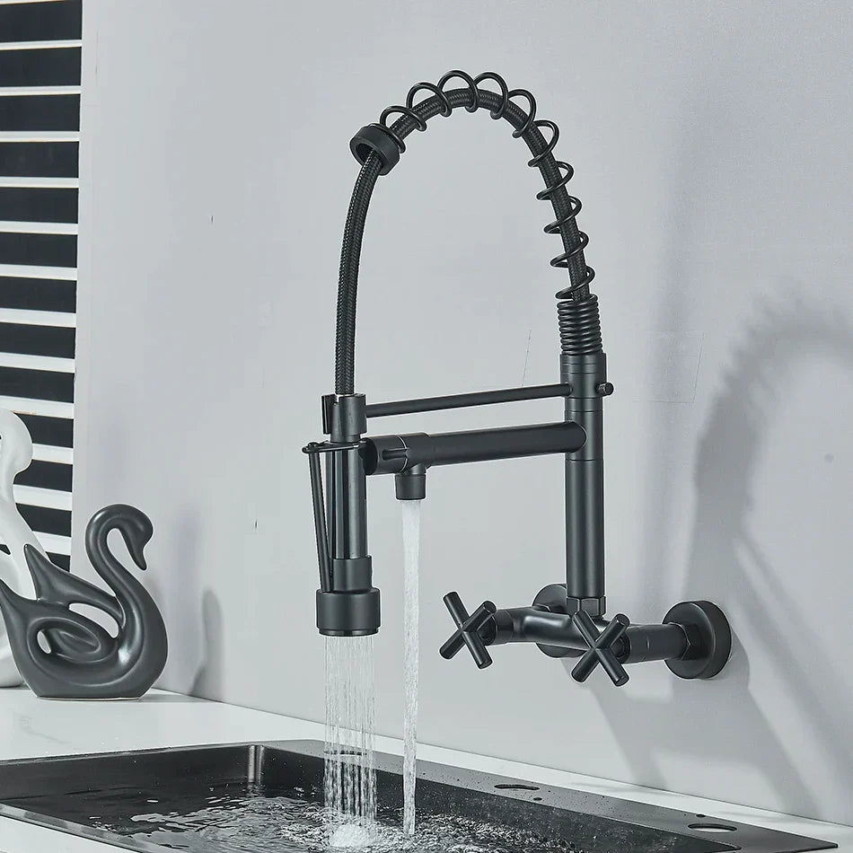 Decorbites™ Grifo de Cocina Dorado Negro de Montaje en Pared con Extracción y Dos Caños Giratorios