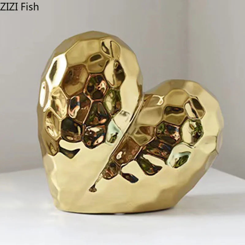 Estatua Ornamental de Cerámica Corazón de Oro Decorbites™ - Escultura Decorativa de Corazón Irregular Figura