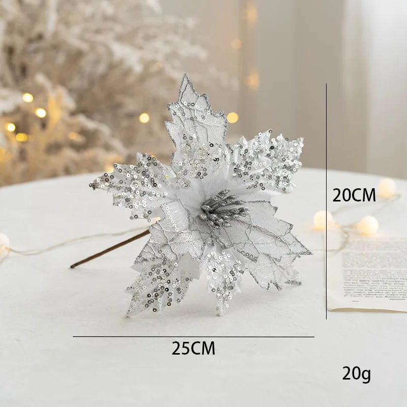 1PC Christmas Gold Silver Imitation Flower Xmas Tree Sequins Artificial Flowers DIY Ornaments for Festival Party New Year Decor