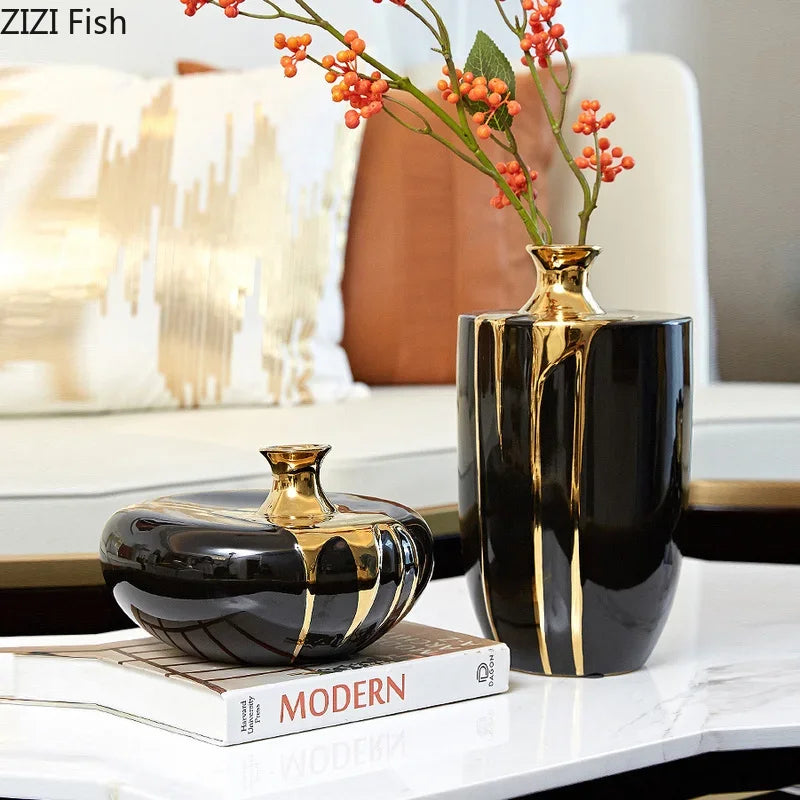 DecorBites™ Elegant Black Gold Ceramic Vase for Modern Luxury Flower Decoration