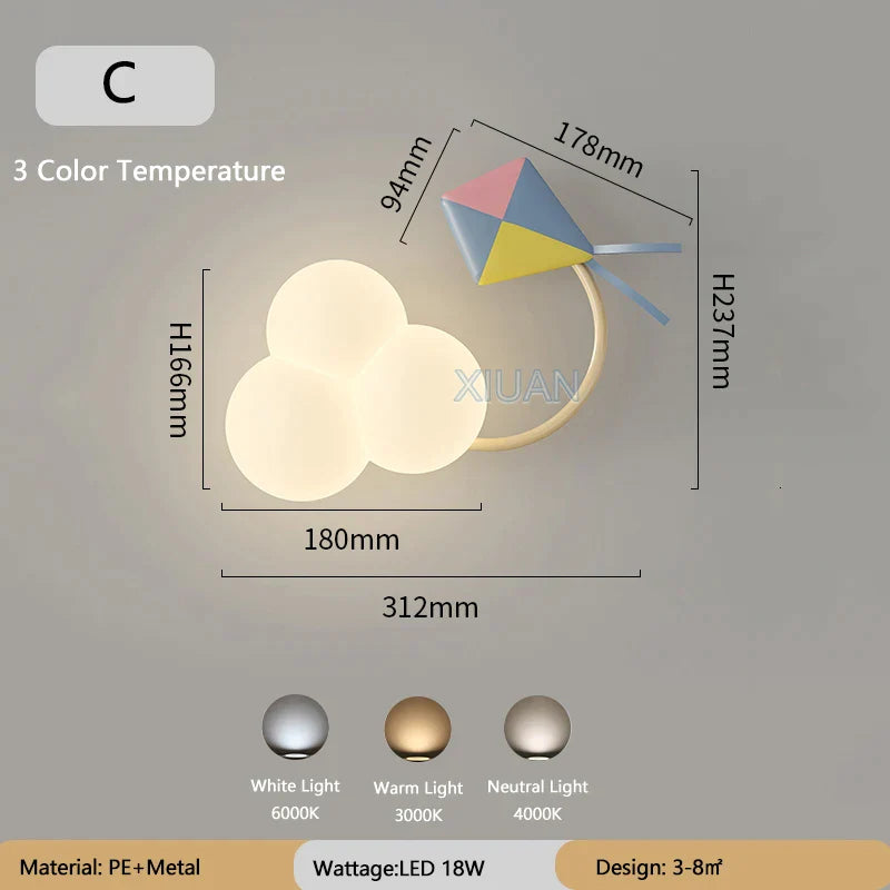 ديكوربايتس™ مصباح حائط للأطفال على شكل طائرة ورقية بألوان قوس قزح