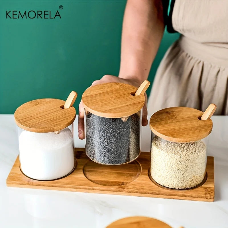 DecorBites™ Glass Spice Jar Set with Bamboo Lid - 2/3PCS Round Mouth Seasoning Organizer