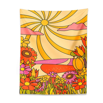 Decobites Retro Floral Rainbow Sun Wall Hanging: Abstract Landscape Vintage Art