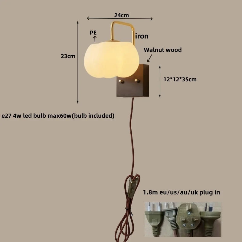 DecorBites™ Glass Wall Light Fixture Walnut Wood Modern Nordic Pull Chain Switch Lamparas