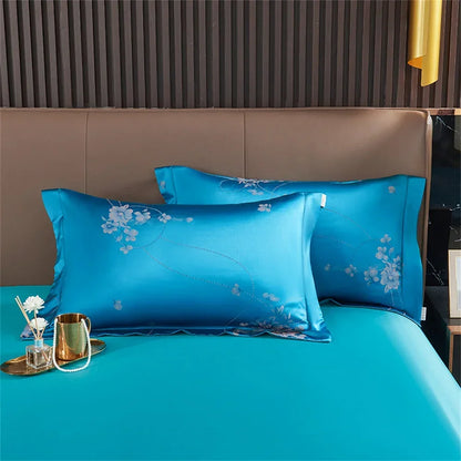 DecorBites™ Blue Satin Jacquard Embroidery Bedding Set: King/Queen Size Bed Lines, Duvet Cover, Pillowcase
