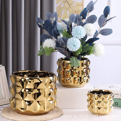 DecorBites™ Gold Ceramic Flower Pot Geometry Vase for Succulents and Floral Arrangements