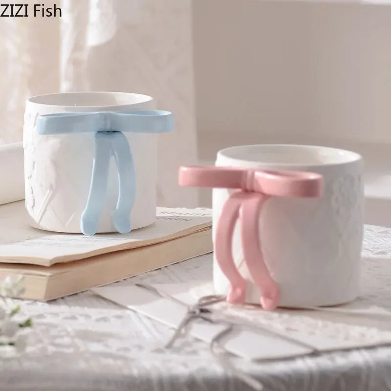 DecorBites™ Bowknot Ceramic Mug & Saucer Set - Tea, Coffee, Juice Cup for Dining Table
