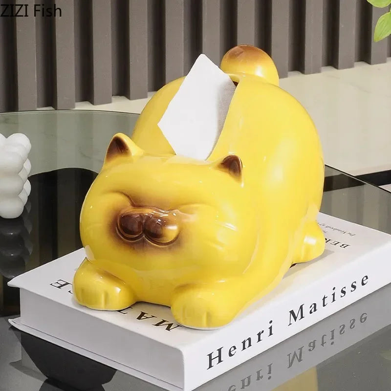 DecorBites™ Cartoon Siamese Kitten Ceramic Tissue Box for Coffee Table and Desk