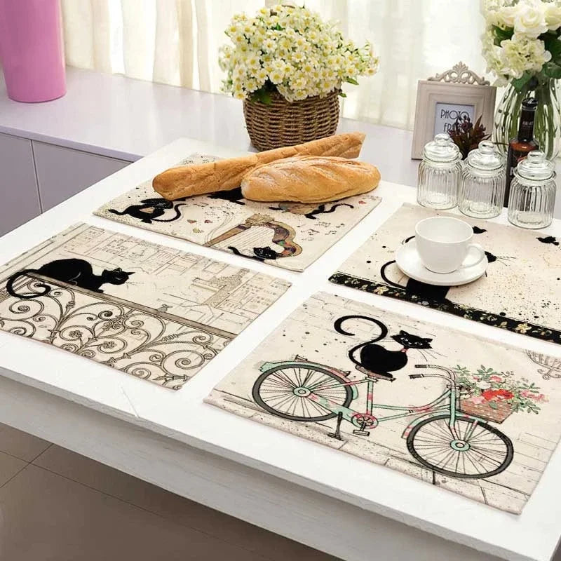 DecorBites™ Black Cat Linen Placemat Set for Dining Table & Kitchen Decor