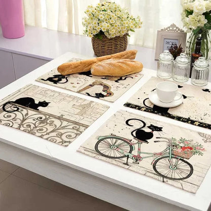 DecorBites™ Black Cat Linen Placemat Set for Dining Table & Kitchen Decor
