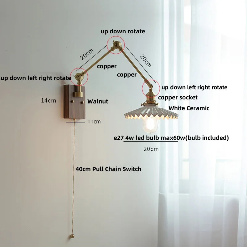 DecorBites™ Ceramic Ball Brass Walnut Wood Wall Light with Pull Chain Switch