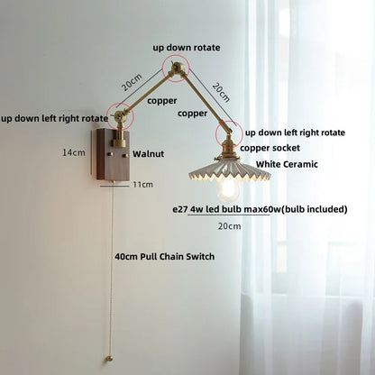 DecorBites™ Ceramic Ball Brass Walnut Wood Wall Light with Pull Chain Switch