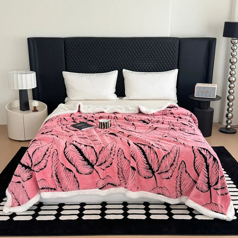 DecorBites™ Leaf Jacquard Double-Layer Flannel Blanket for Sofa and Bed
