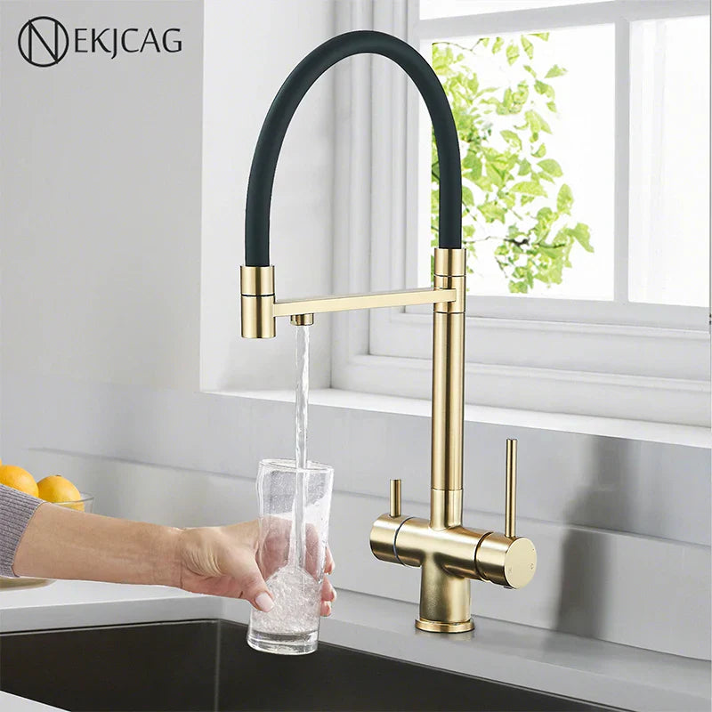 DecorBites™ Brushed Gold 360 Rotate Pull Out Kitchen Filter Faucet with Dual Handle