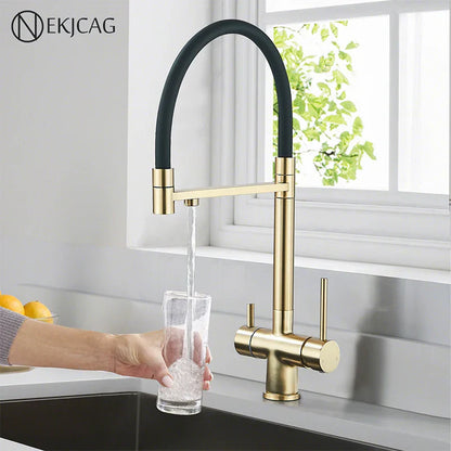 DecorBites™ Brushed Gold 360 Rotate Pull Out Kitchen Filter Faucet with Dual Handle