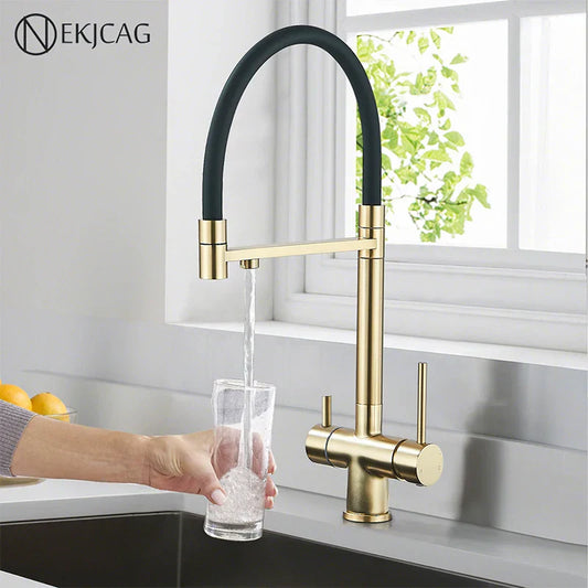 DecorBites™ Brushed Gold 360 Rotate Pull Out Kitchen Filter Faucet with Dual Handle