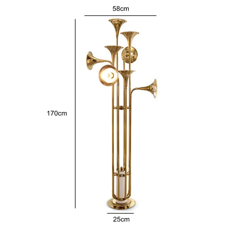 Lámparas de pie colgantes DecorBites™ Gold Trumpet de múltiples cabezales: modernas y creativas lámparas de pie con forma de cuerno.