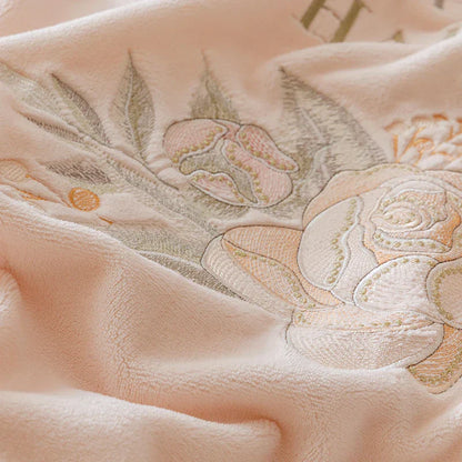 Decobites Pink Flowers Princess Bedding Set with Embroidery Ruffles in Milk Velvet