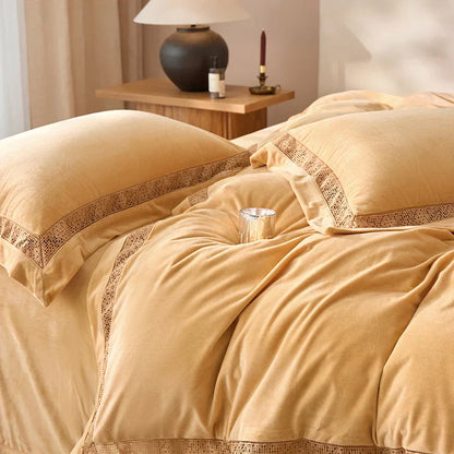 Luxury Gold Velvet Lace Duvet Bedding Set by Decobites, Cozy Furry Winter Collection