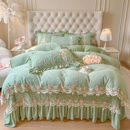 Decobites Pink Flowers Lace Ruffles Princess Velvet Bedding Set