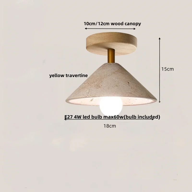 DecorBites™ Japan Style LED Ceiling Light Yellow Travertine Stone Wood Base Bedroom Luminaire