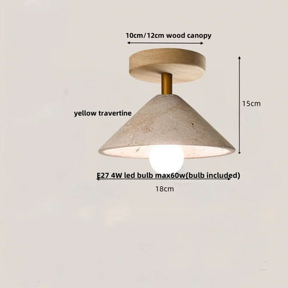 DecorBites™ Japan Style LED Ceiling Light Yellow Travertine Stone Wood Base Bedroom Luminaire
