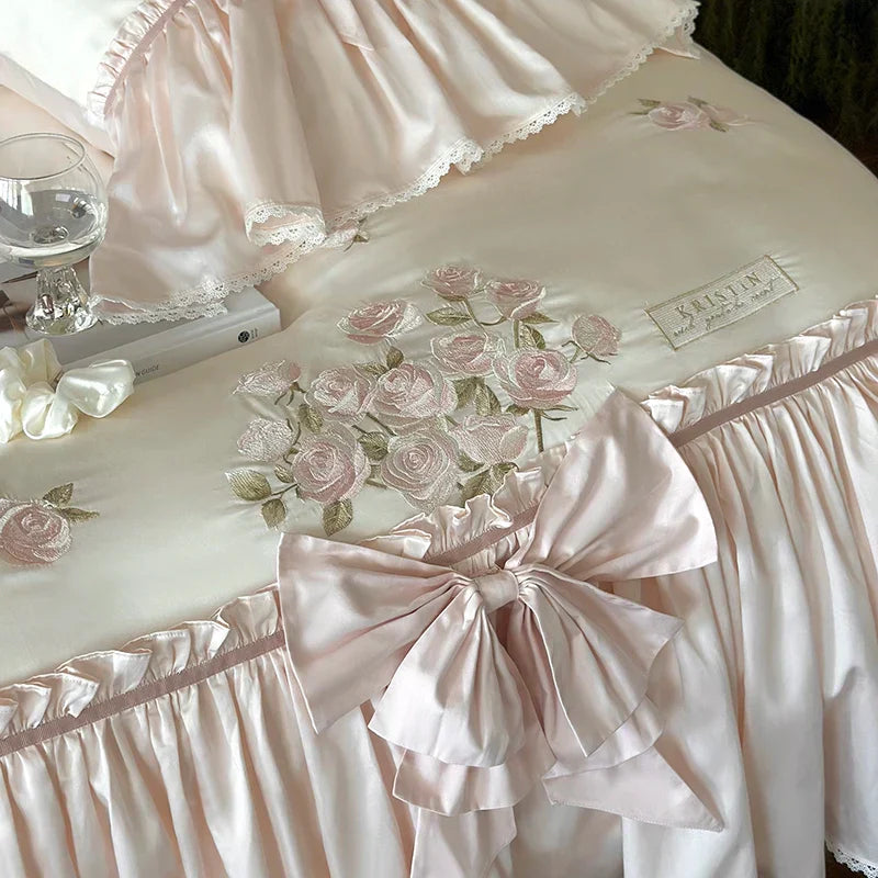 Decobites French Bow Ruffle Flower Embroidery Bedding Set - Luxury Lyocell Cotton