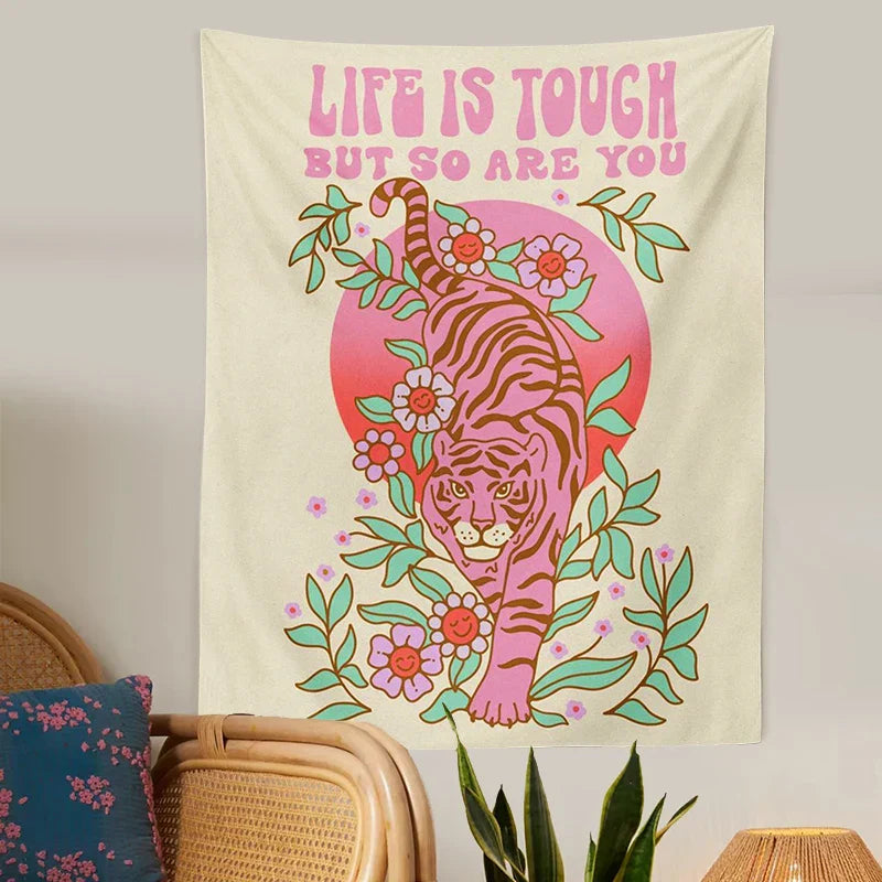 Decobites Tiger Moon Pink Flower Tapestry, Boho Wall Hanging for Aesthetic Home Decor