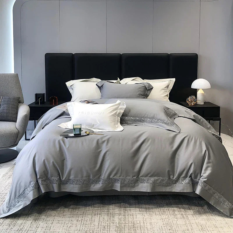 DecorBites™ Grey Hollow Lace 1000TC Egyptian Cotton Bedding Set with Wide Edge
