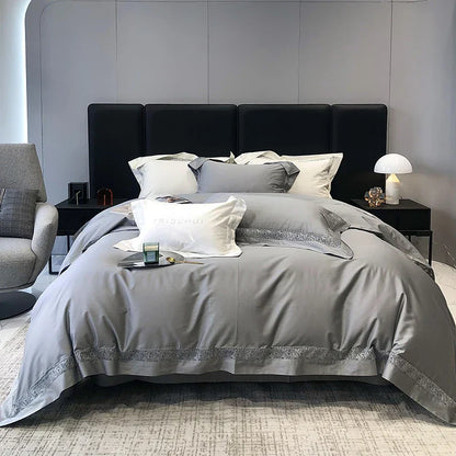 DecorBites™ Grey Hollow Lace 1000TC Egyptian Cotton Bedding Set with Wide Edge