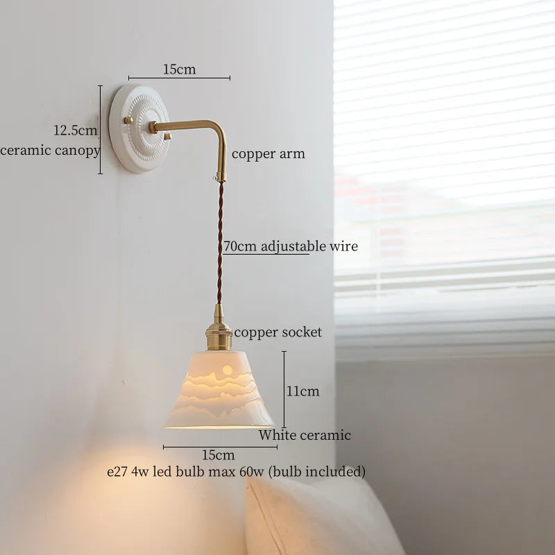 DecorBites™ Ceramic Wall Sconce with Copper Arm | Pull Chain Switch LED Bedroom Lamp