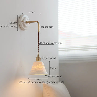 DecorBites™ Ceramic Wall Sconce with Copper Arm | Pull Chain Switch LED Bedroom Lamp