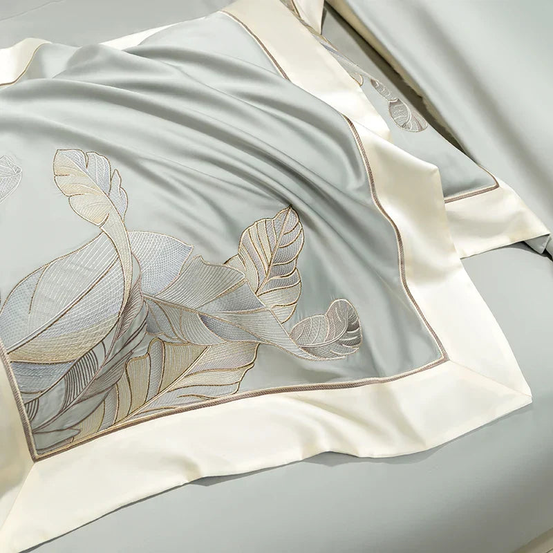 DecorBites™ Eucalyptus Lyocell Soft Silky Cool Bedding Set with Leaves Embroidery