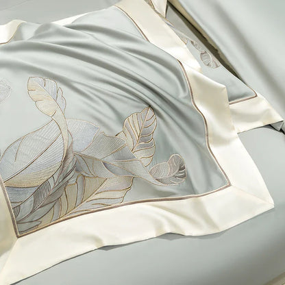 DecorBites™ Eucalyptus Lyocell Soft Silky Cool Bedding Set with Leaves Embroidery