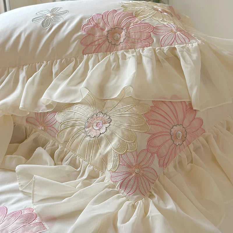 Decobites Romantic Flowers Lace Ruffles Princess Bedding Set, 1200TC Egyptian Cotton, Duvet Cover, Bed Sheet, Pillowcases