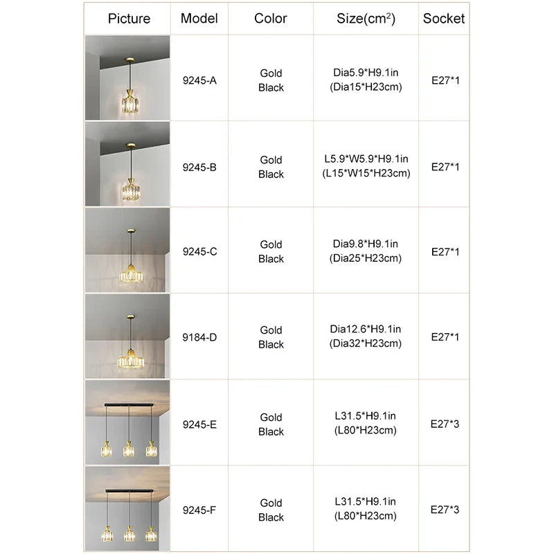 DecorBites™ Gold Mini Crystal Pendant Chandelier for Bedroom, Kitchen Island, Hallway - Small Black E27 Lamp