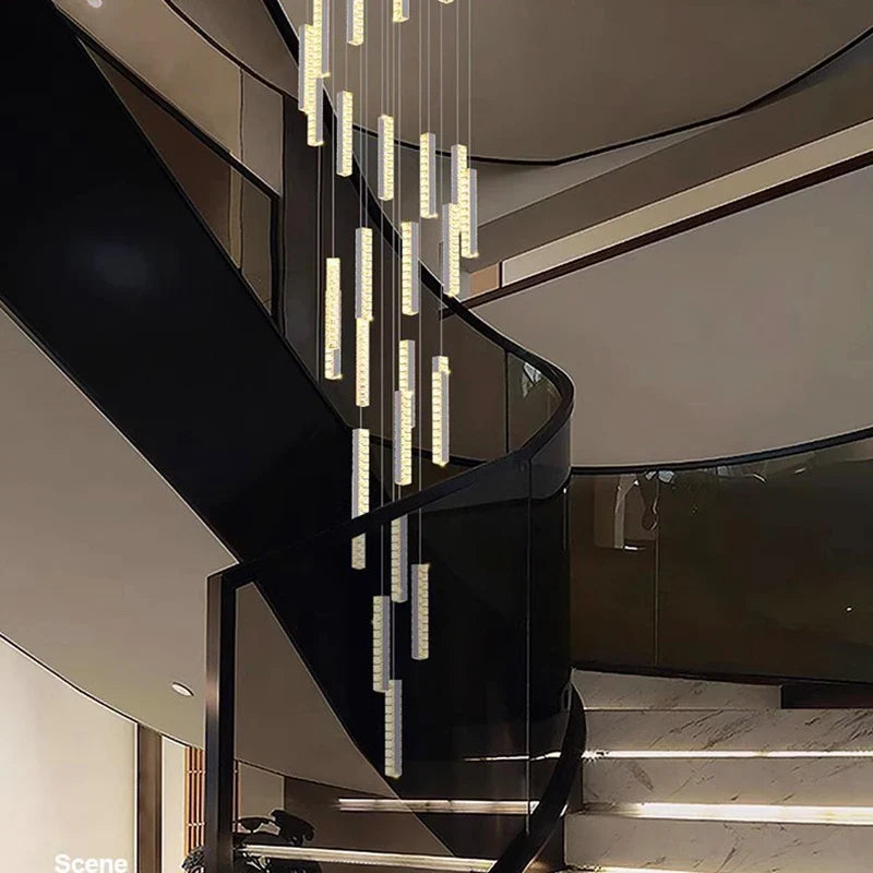 Modern Crystal Stairwell Pendant Light in Iron