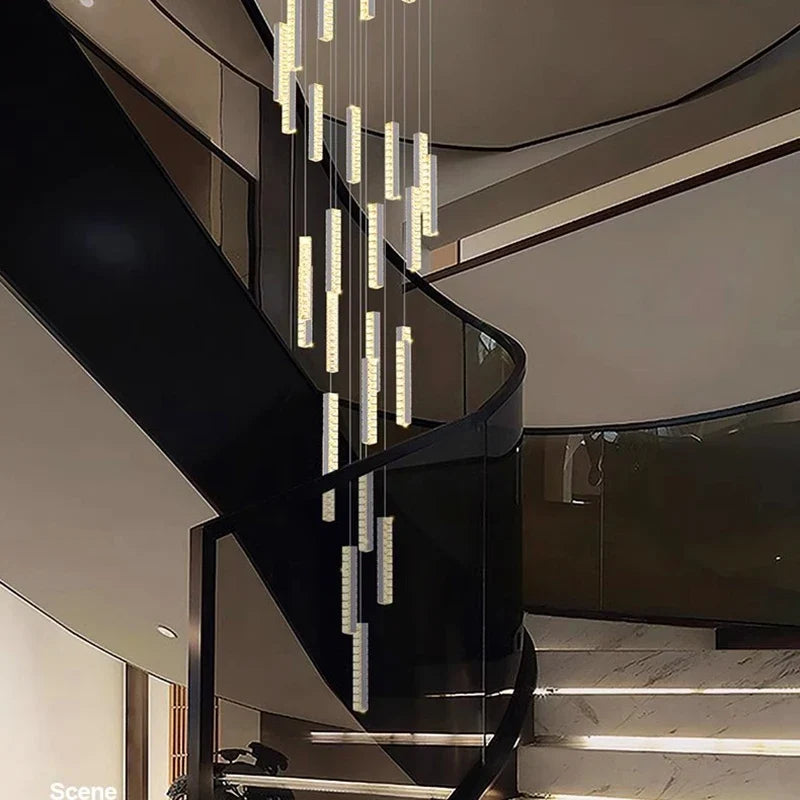 Modern Crystal Stairwell Pendant Light in Iron