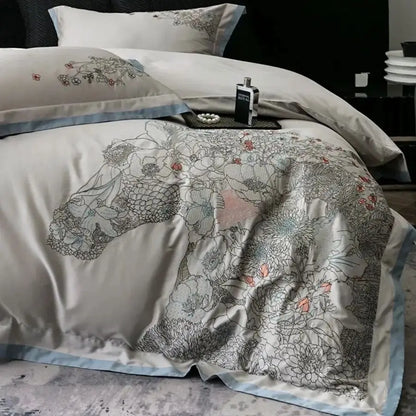 Decobites Cotton Flowers Horse Embroidery Luxury Bedding Set - Duvet Cover, Bed Sheet, Pillowcases