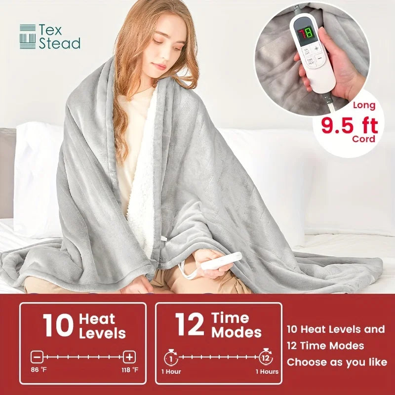 Decobites Electric Heated Blanket Throw: 10 Temp Settings, Auto Shut Off, Machine Washable