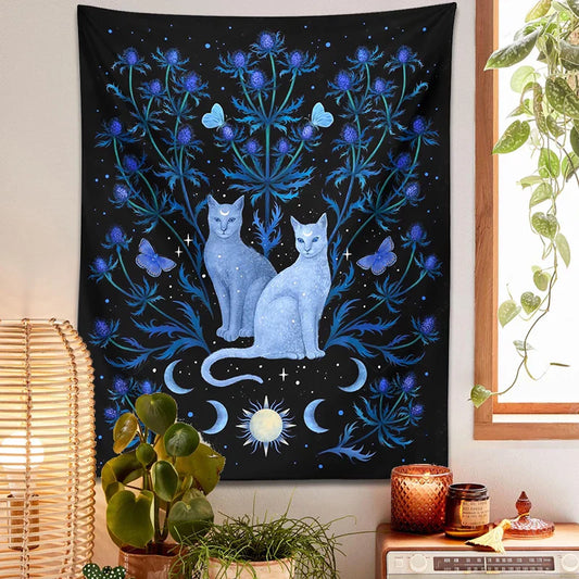 Decobites Cat Tapestry Wall Hanging Moon Sun Moth Leaf Flower Occult Home Decor